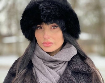 Sombrero de cubo de piel de zorro negro - Sombreros de invierno cálidos para mujer
