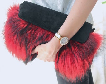 Red Fur Handbag - Real Fur Clutch Bag - Evening Purse  - Gift for woman