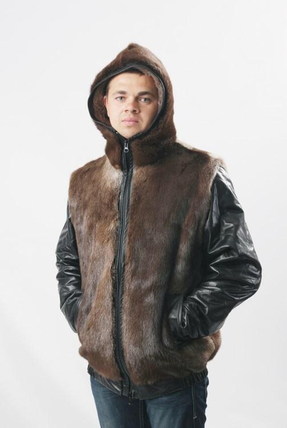 Parka with leather sleeves and fur hood discount