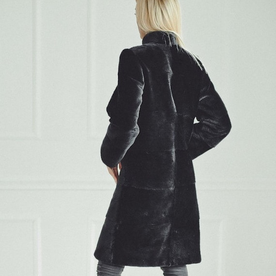 Black Sheared Beaver Fur Coat for Women | Long Real Fur Winter