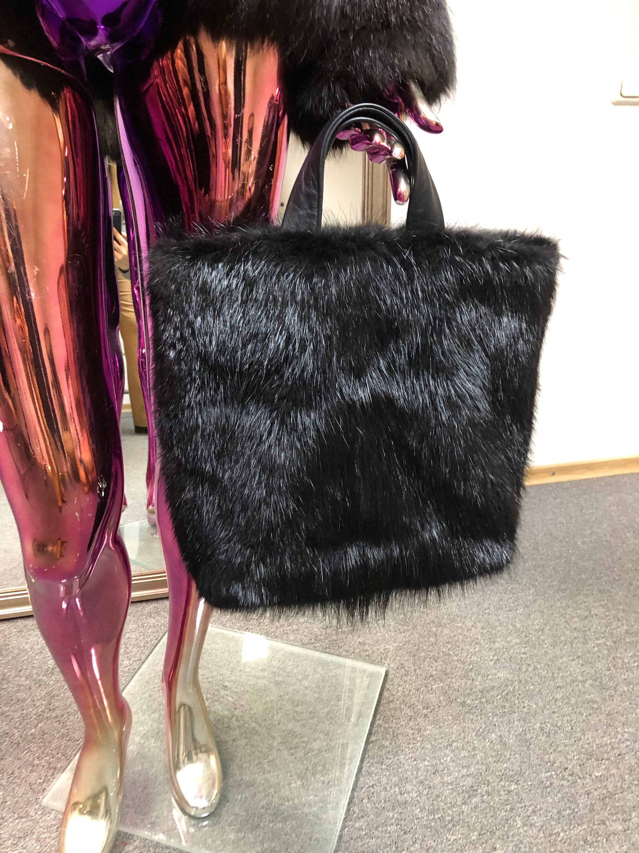 Black Fur Tote Bag – Real Beaver Fur Handbag | Large Winter