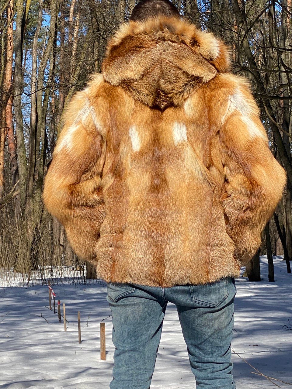 Mid Length Red Fox Fur Coat for Men