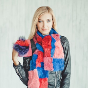 Real Rabbit Fur Scarf | Colorful Patchwork Fur Wrap | Long Winter Scarf for Women