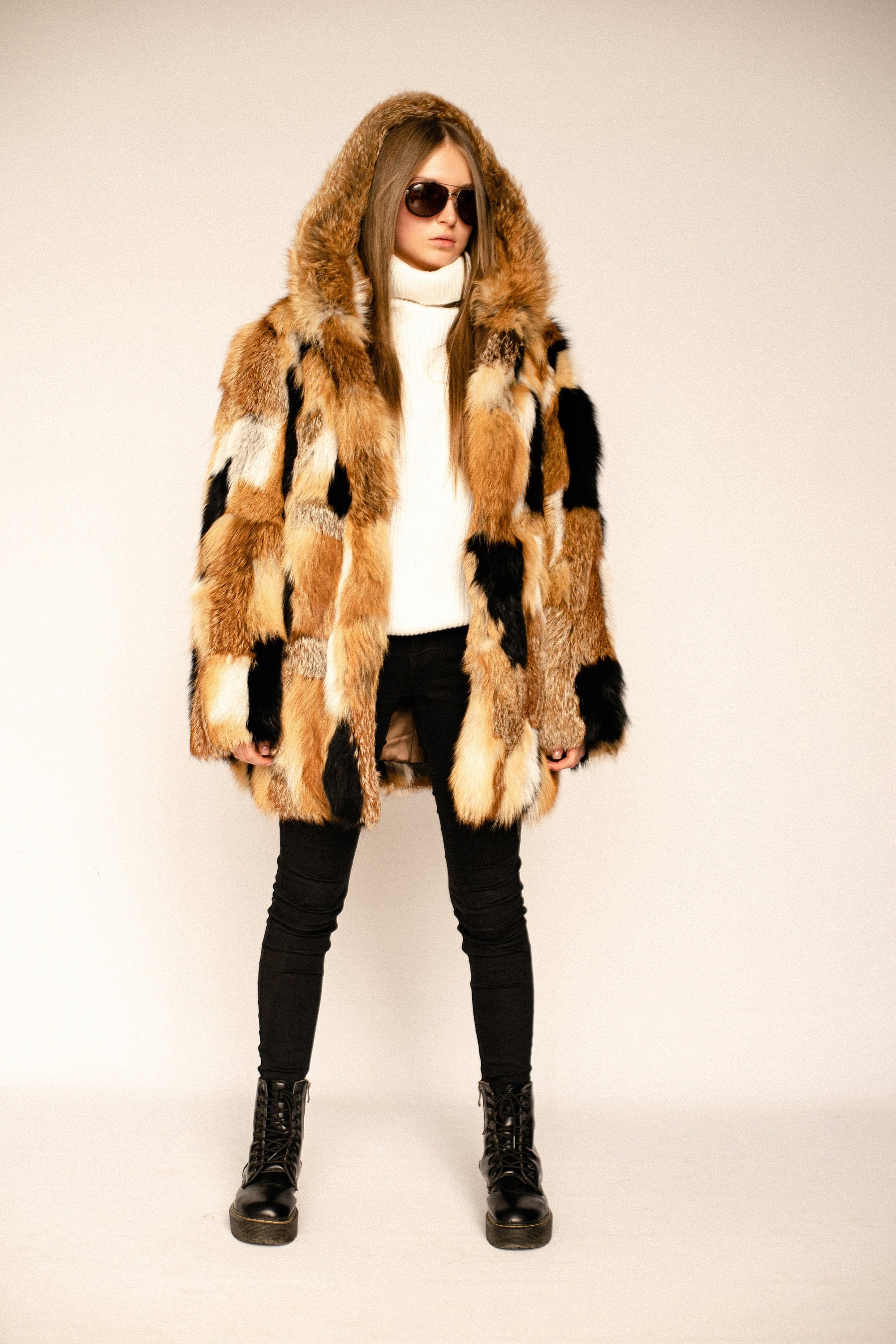 Oversized Red Fox Fur Hooded Jacket - Patchwork Winter Coat - Etsy