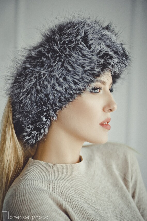 Silver Fox Fur Headband | Fluffy Real Fur Winter Ear Warmer  display picture 3