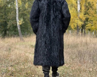 Hooded Long Mens Beaver Fur Coat Black I Full-length Luxury