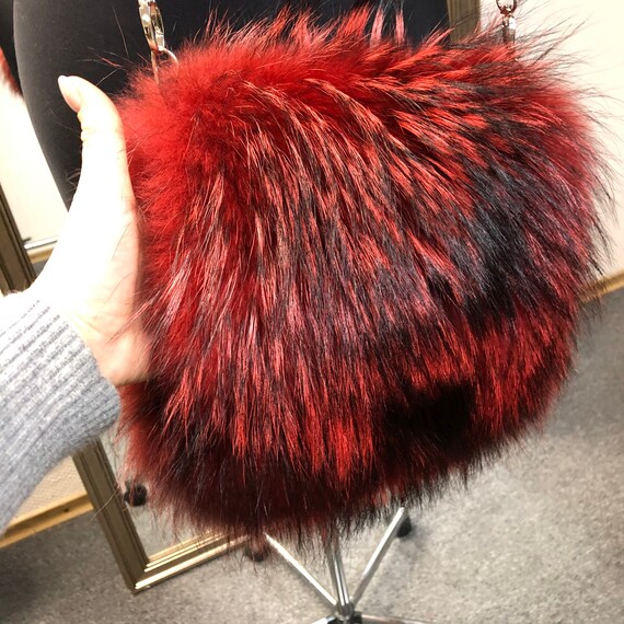 Red Raccoon Fur Hand Muff – Real Fur Hand Warmer Bag | Bridal