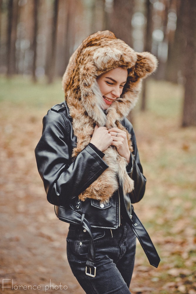 Brown Real Fur Bear Hood | Leopard Winter Hat - Etsy