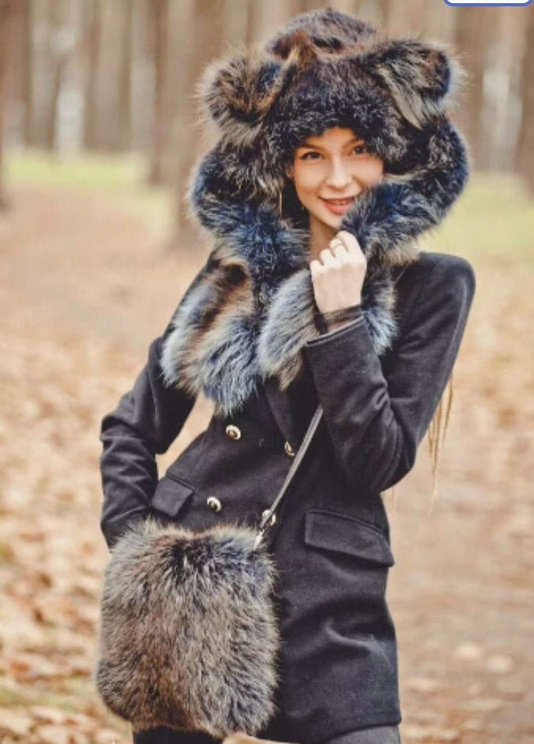 Blue Fox Fur Bear Hood | Teddy Ears Winter Hat - Etsy