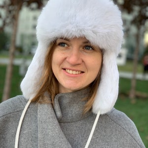 White Fur Hat with Ear Flaps Ushanka Russian Womens Aviator Hat image 4