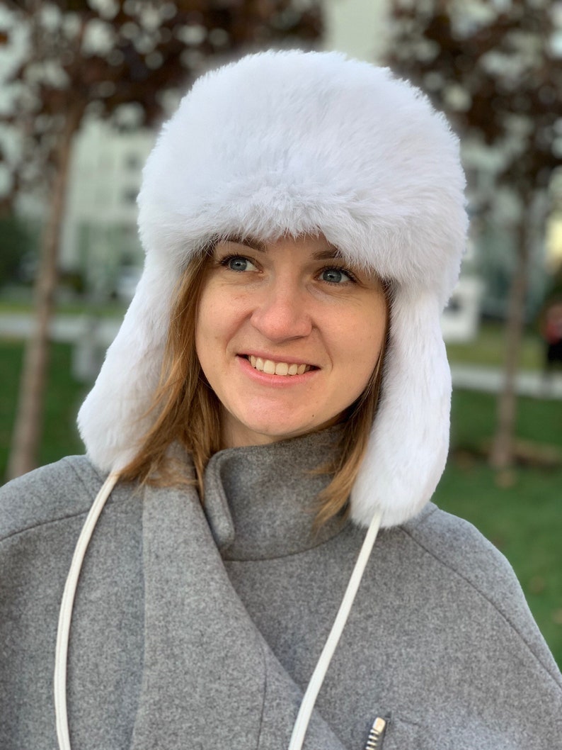 White Fur Hat with Ear Flaps Ushanka Russian Womens Aviator Hat image 4