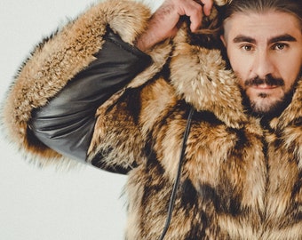 メンズ ラクーンファージャケット I フード付きリアルファーコート I