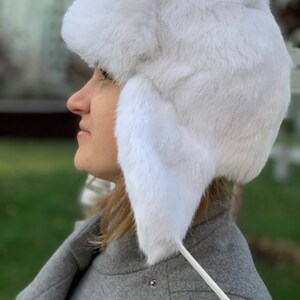 White Fur Hat with Ear Flaps Ushanka Russian Womens Aviator Hat image 3
