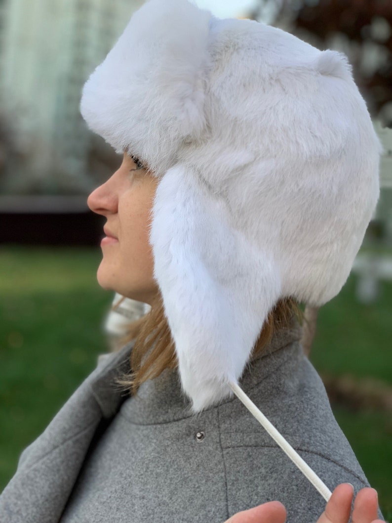 White Fur Hat with Ear Flaps Ushanka Russian Womens Aviator Hat image 3