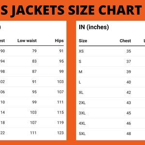 May include: A size chart for jackets, showing measurements in both inches and centimeters. The chart includes sizes from XS to 5XL, with measurements for chest, low waist, and hips.