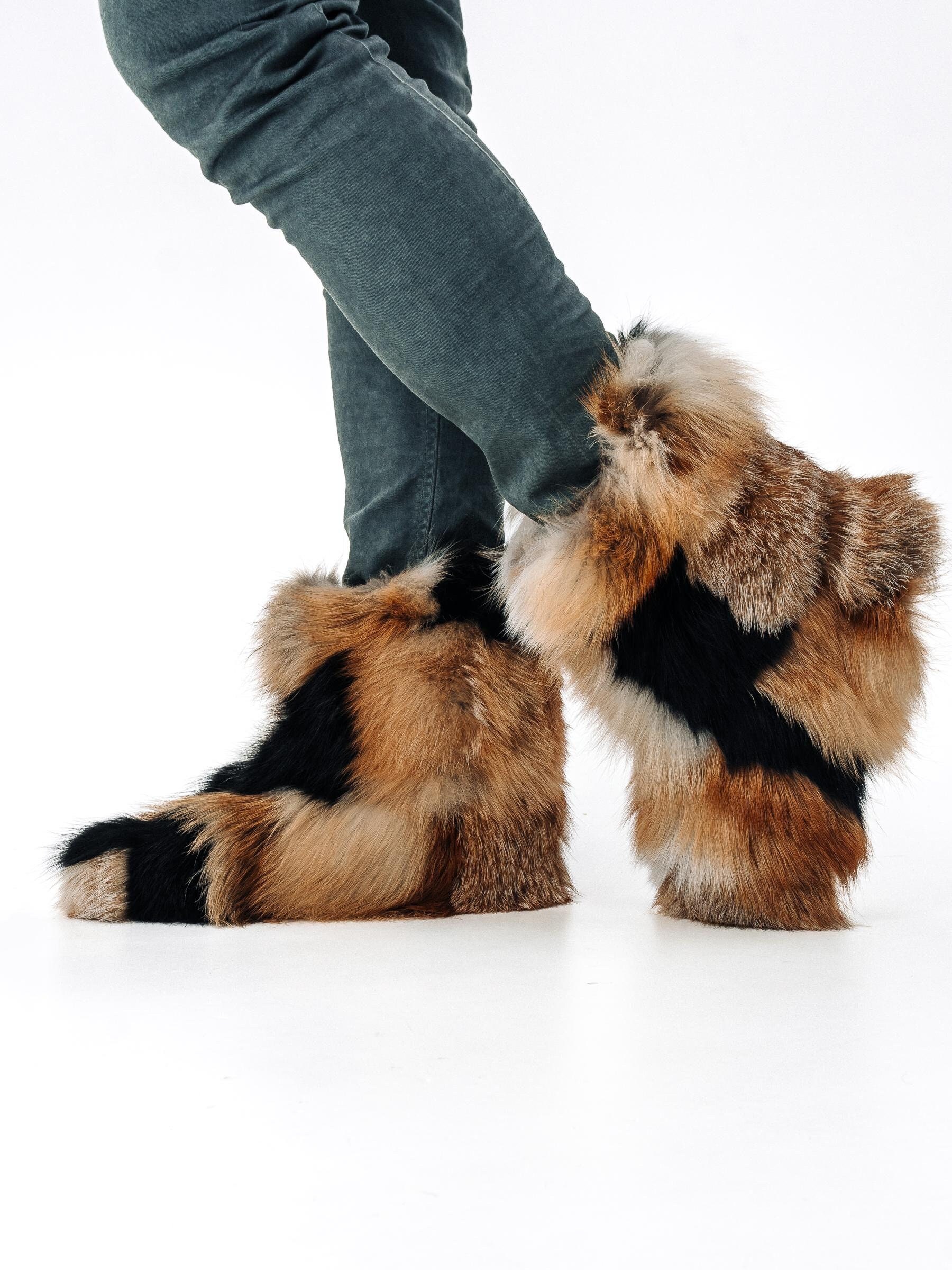 Fox Fur Home Boots – Red and Black Real Fur Indoor Slippers for