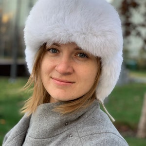 White Fur Hat with Ear Flaps Ushanka Russian Womens Aviator Hat image 9