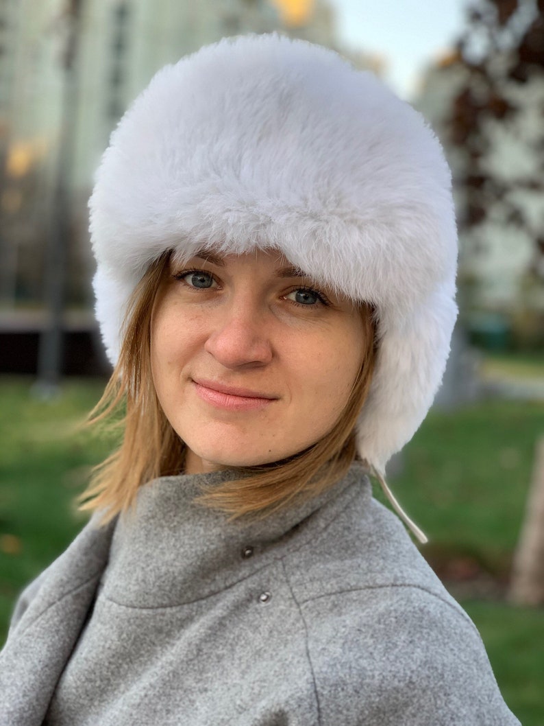 White Fur Hat with Ear Flaps Ushanka Russian Womens Aviator Hat image 9