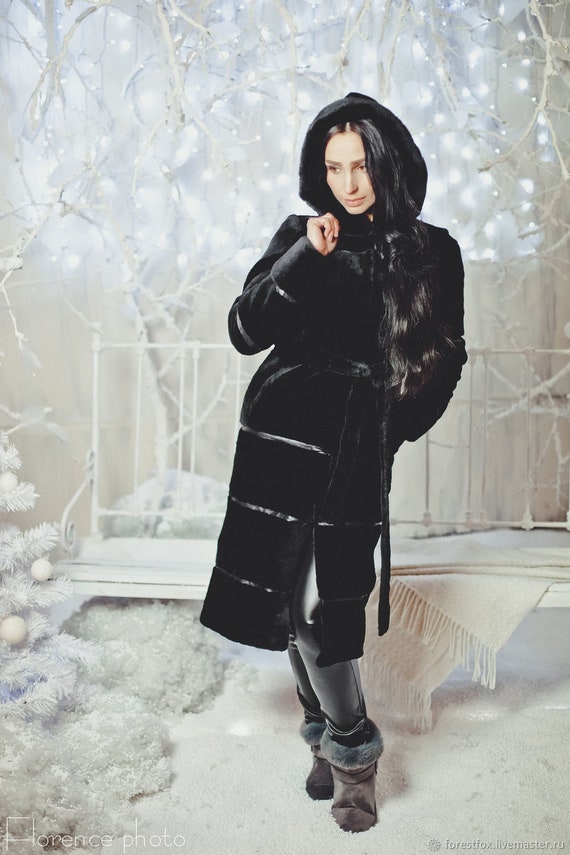 Hooded Black Beaver Fur Coat | Genuine Suede Trim, Winter Jacket