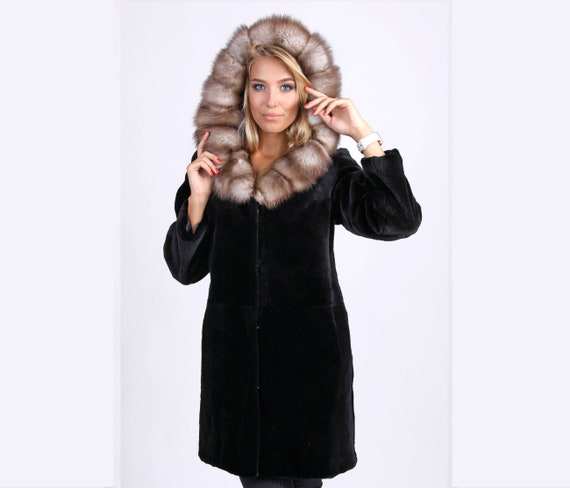 Sheared Beaver Fur Coat | Marten Trim Hood, Real Fur Winter Jacket