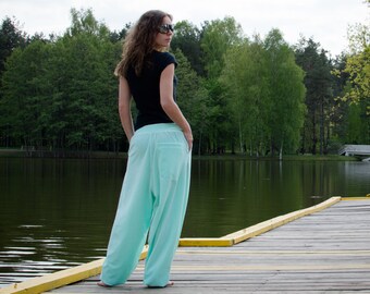 Light Blue Sweatpants, light mint Velour Cotton Pants, Handmade sweats, Light velour trousers