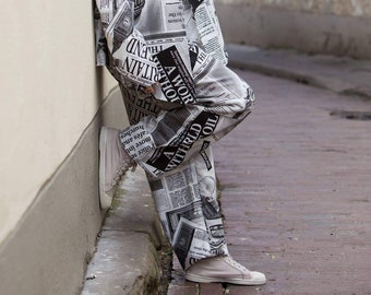 Newspaper print unisex pants,  Fashion clothing, Baggy low waisted trousers, White Black trousers