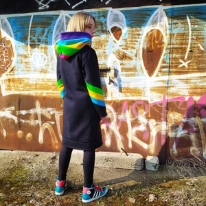 Rainbow Multicolor Black Dress, Oversize multicolor hood dress with pockets, Casual Warm Black Cotton Dress, Big hood Sweatshirt Dress, image 1