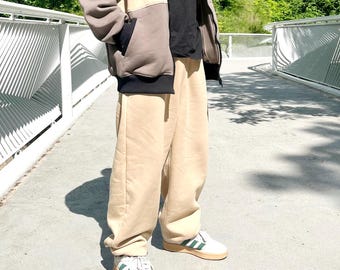 Oversized Beige Sweatpants, Baggy Cotton Streetwear Pants, Unisex Drop Crotch