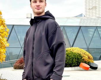 Dark Gray Cotton Zip Hoodie: Unisex Oversize Baggy Fit