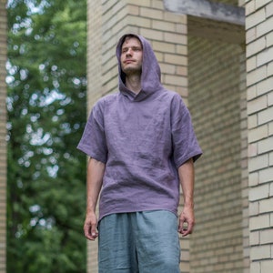 Unisex linen hoodie, Summer shirt for men, Petrol Blue shirt Flax t-shirt, Purple Linen short sleeve hoodie, Oversize hood Festival clothing