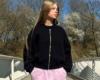 Unisex black cotton bomber jacket - minimalist street wear, Lightweight Zip-Up Jacket, Casual everyday outerwear