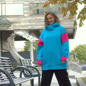 Oversized Cotton Hoodie: Blue & Pink, Long Sleeves, Big Hood