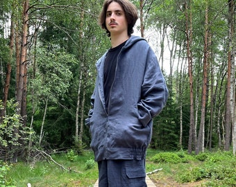 Unisex Graphite Linen Zip Hoodie: Oversized Softened Linen Hood
