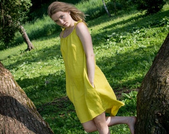Linen yellow dress, Asymmetric dress, Summer dress / Festival dress / Adjustable Straps / High quality dress