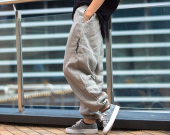 Leinenhose, Leinenhose für Frau Mann, Gestreifte Leinenhose, Gestreifte Flachshose, Harem Flachshose, Yogahose, Lose Unisex Leinenhose