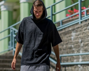 Black Linen Hoodie: Oversize Short Sleeve Tunic, Festival Clothing