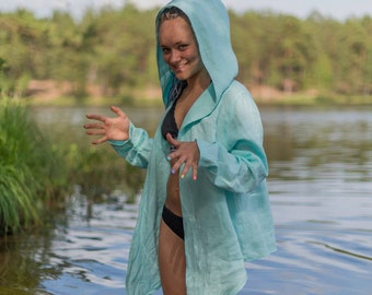 Light Blue Linen Hoodie: Oversized Beach Cover-Up