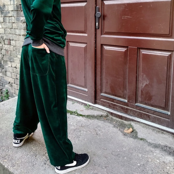 Pantalon de survêtement en velours vert kaki sauge, pantalon de survêtement unisexe en velours de coton