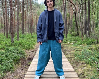 Mint Blue Linen Harem Pants: Drop Crotch Trousers, Unisex Festival Clothing