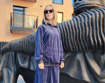 Navy Blue Velour Hoodie: Unisex Oversized Pullover