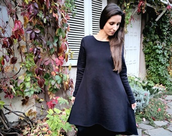 Black Cotton Swing Dress: Asymmetrical Gothic Vampire Dress with Pockets