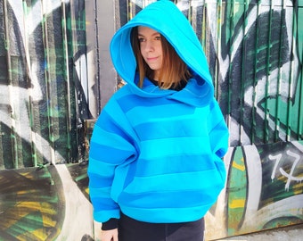 Rainbow Blue Hoodie for women, Loose warm sweatshirt hoodie with wide sleeves, Big hood blue hoodie, streetwear clothing