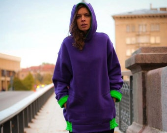 Unisex Long Purple and Green Hoodie, Woman Man Long Hoodie, oversize bright Color Hoodie, Big hood Purple Hoodie, Urban wear
