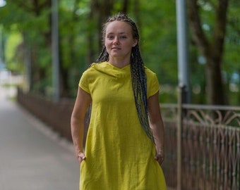 Hooded linen dress, Yellow Blue Green linen Dress, long loose flax dress, Bohemian Hippie dress,maxi dress with pockets washed linen dress