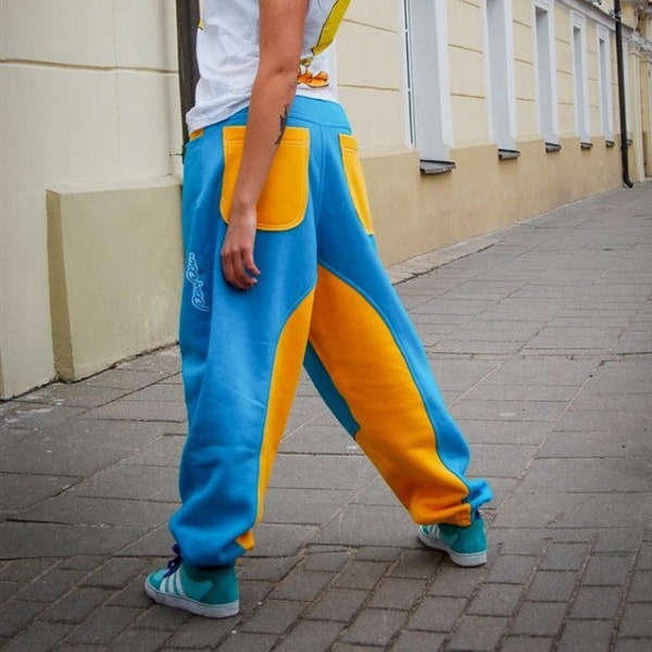 Farbige Jogginghose, Unisex-Baumwollhose im Schritt, bequeme und gemütliche blau-lila-rosa-Hose für Frau oder Mann, locker sitzende Jogginghose