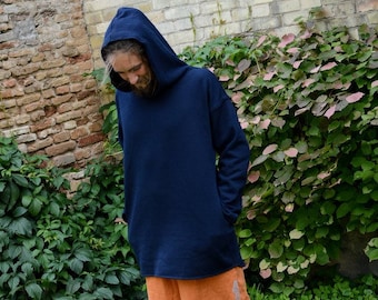 Handmade Navy Blue Cotton Hoodie: Unisex Oversized Fit