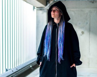 Black Long Big Hood Hoodie, Black oversized maxi zip hoodie with pockets, Festival clothing, Rave, Gothic hoodie jacket