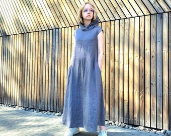 Gray Linen Hooded Dress: Bohemian Maxi Dress with Pockets