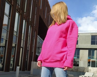 Pink Hoodie, Oversized bright Pink Cotton Hoodie, Big hood loose Sweatshirt, Travelling hoodie, Extra long sleeves, Plus sizes