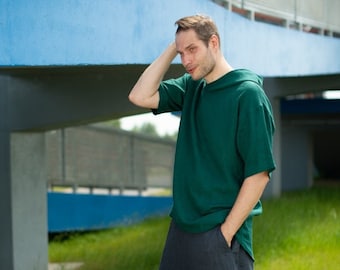Emerald Green Linen Hoodie: Short Sleeve Oversize Hood